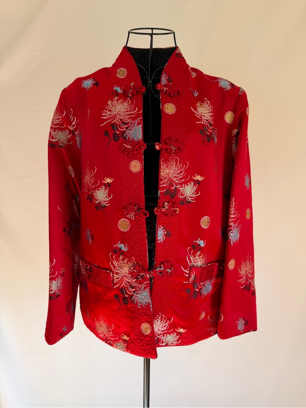 Reversible Red Floral Mandarin Collar Jacket with Frog Closures